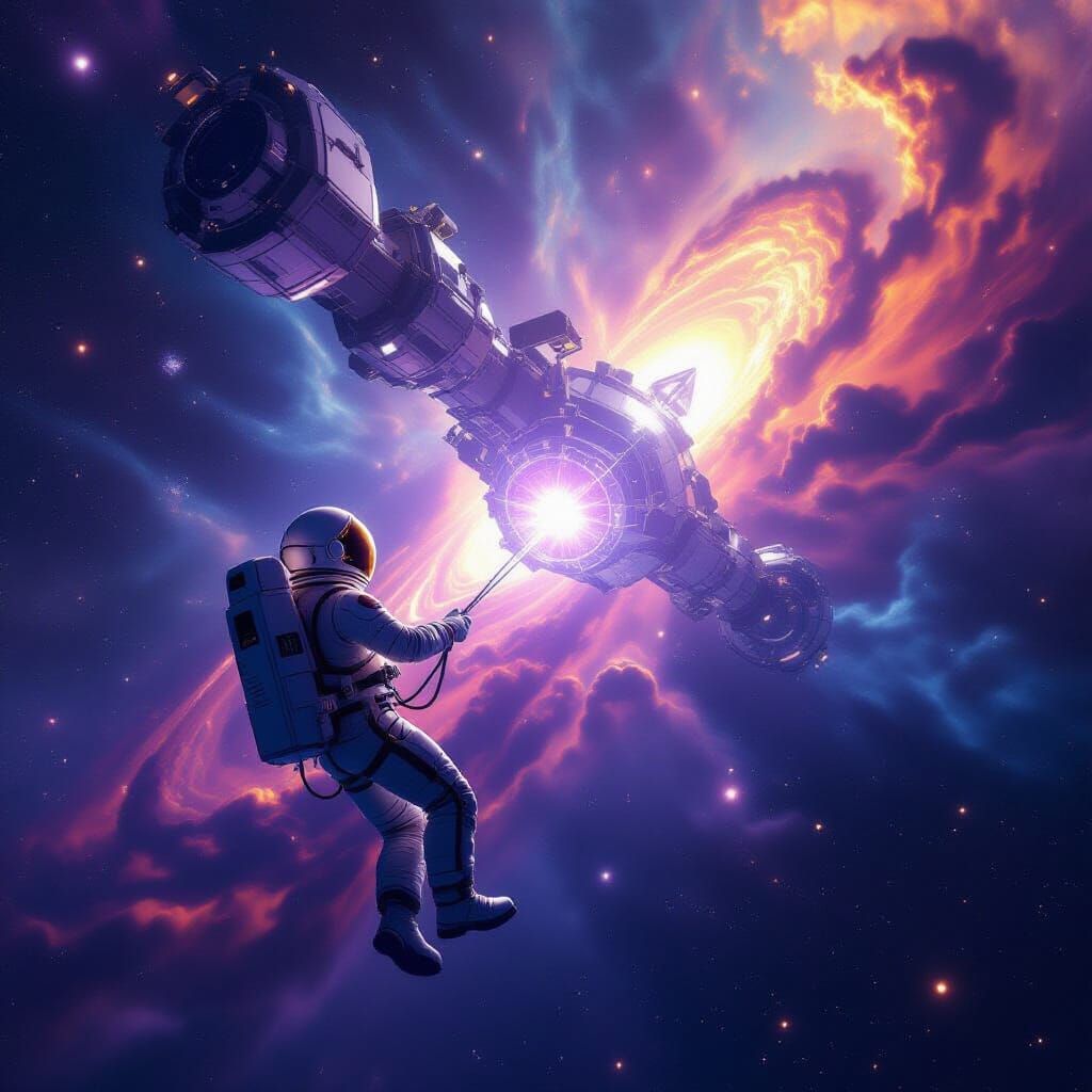 Astronaut Adrift Near Crystalline Space Station