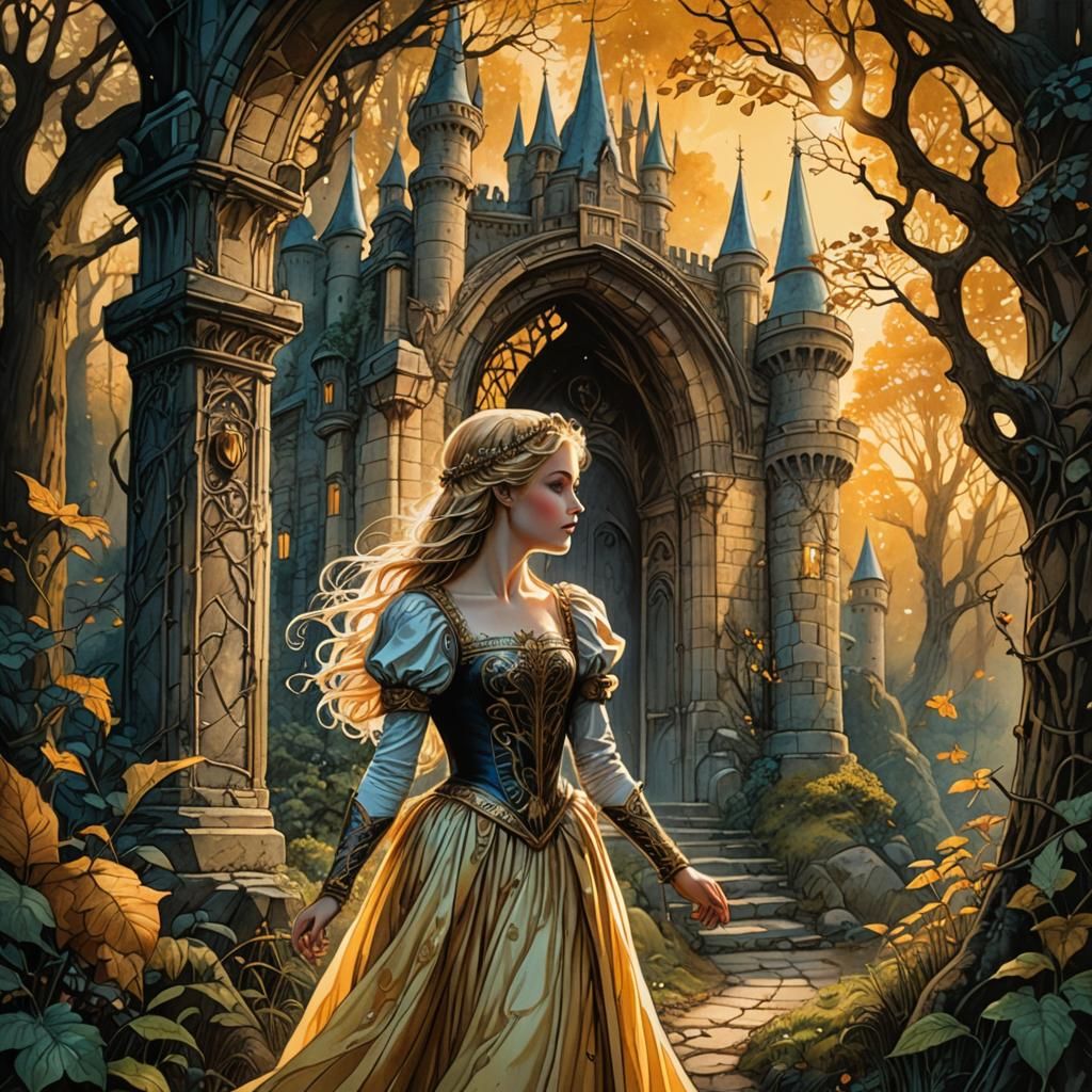 Enchanted Princess Explores Fairytale Forest: Art Nouveau St...