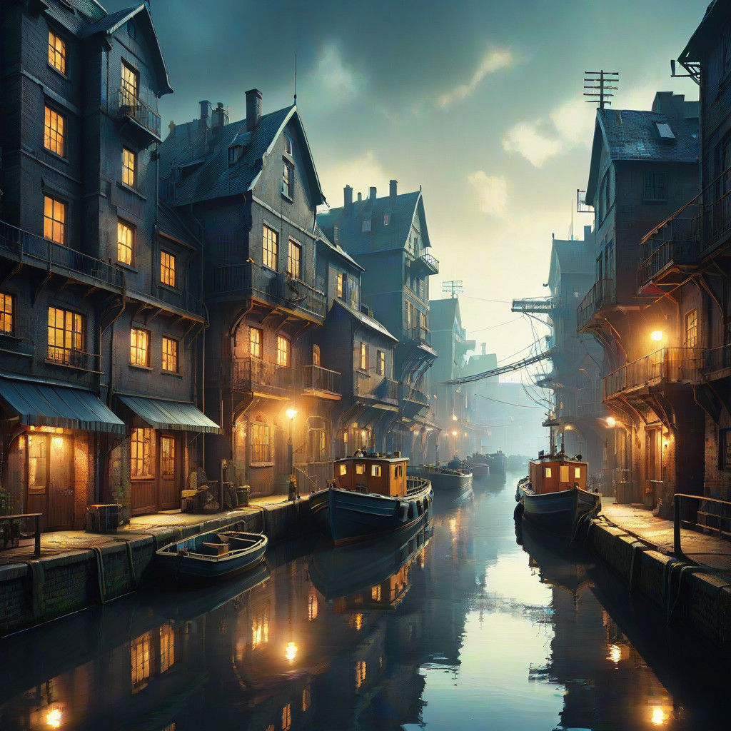 Dieselpunk Canal Scene with Glowing Neon Accents and Reflect...