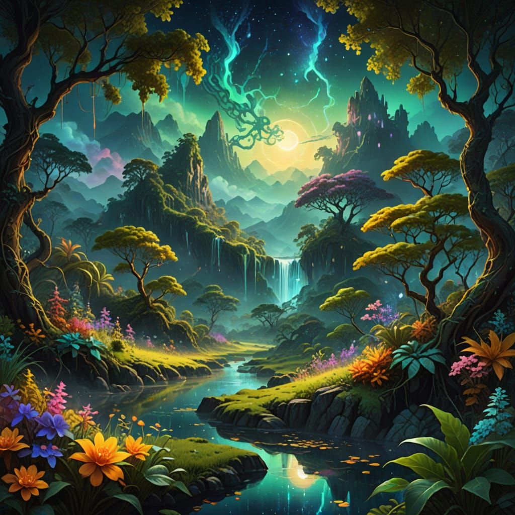 Ethereal Jungle Paradise in Vibrant Oil Painting