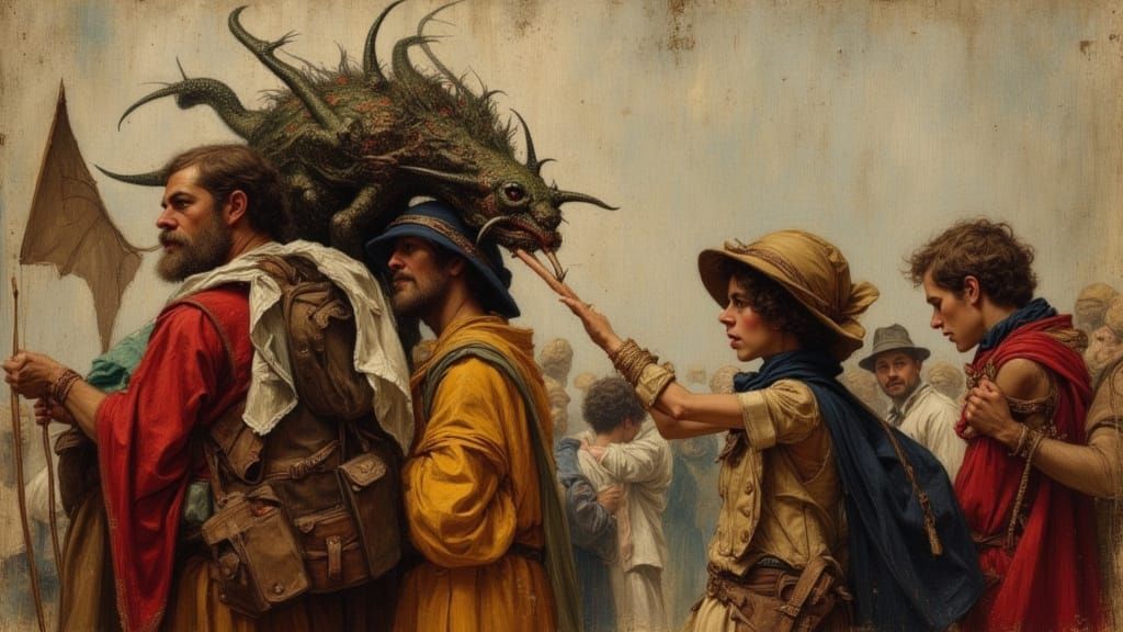 Mysterious Aufhocker Creature Carried by People in Oil Paint...