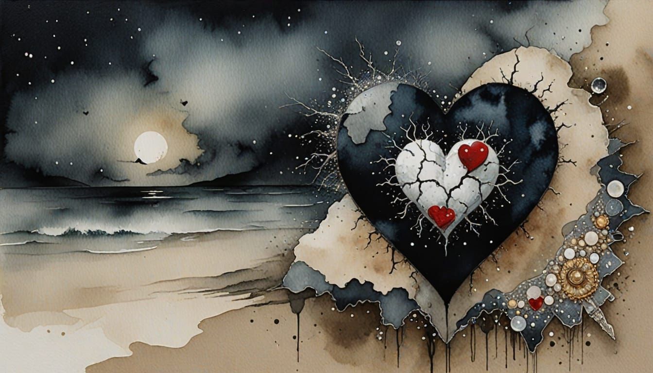 Broken Heart Collage with Watercolor Ink Textures