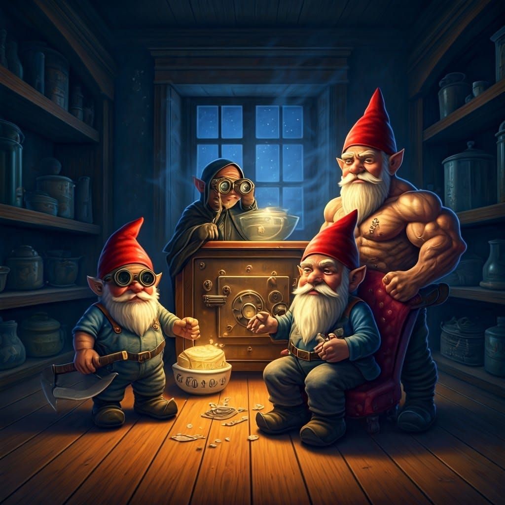 Garden Gnomes Heist in Dreamy Oil Painting Style