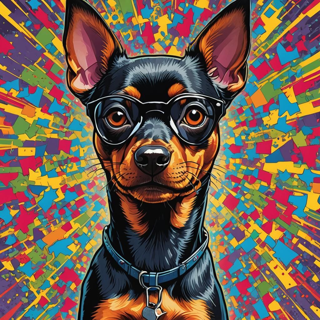Miniature Pinscher in Sunglasses, Pop-Art Comic Style