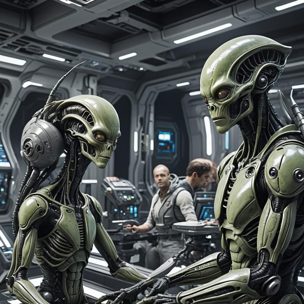 Alien working with a human