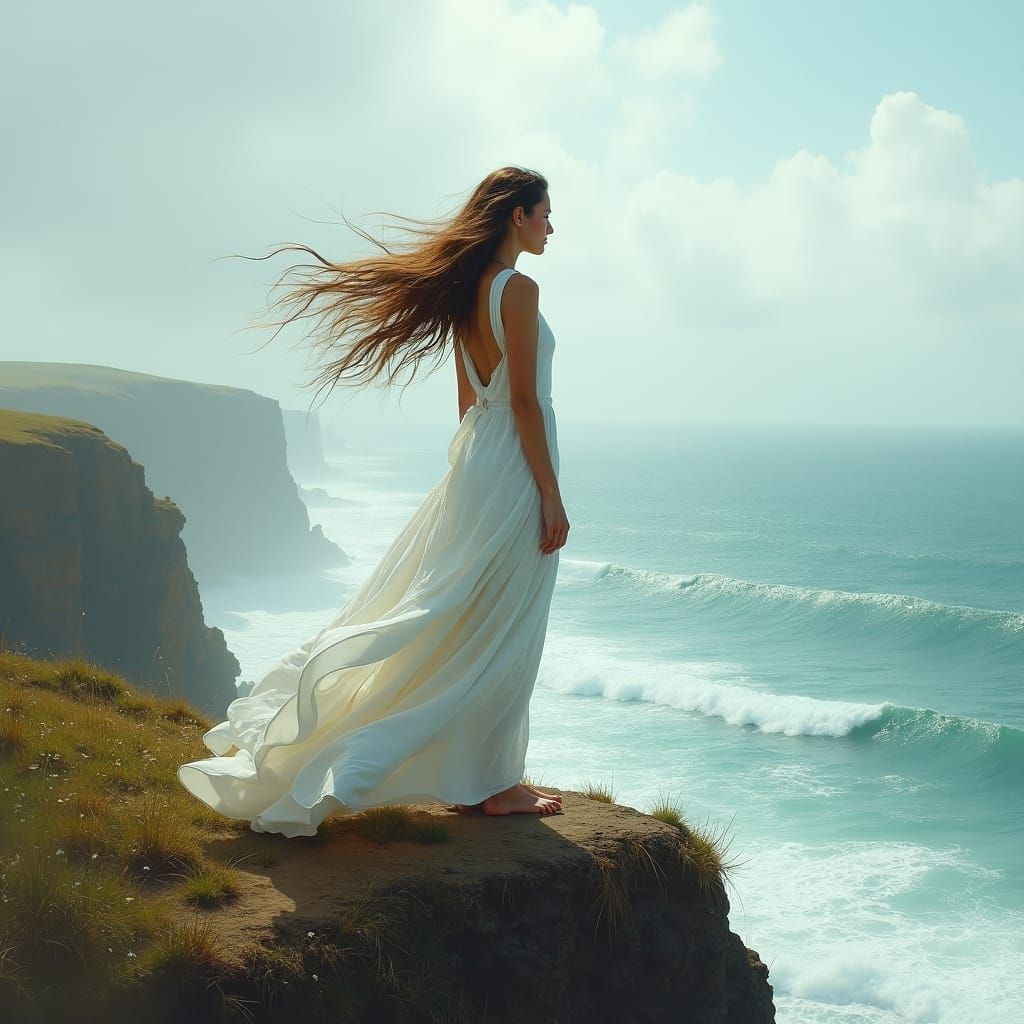 Woman on Windswept Cliff in Digital Art Style