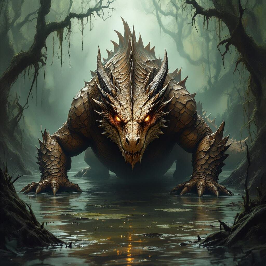 Ancient Brown Dragon Lurking in Murky Swamp