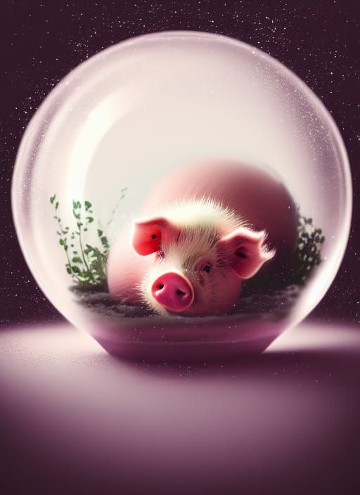 Cute Pig in Snow Globe with Flowers