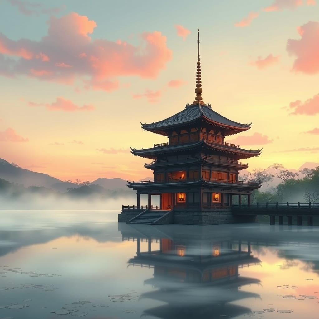 Serene Pagoda by Lake at Dawn in Sunrise Light