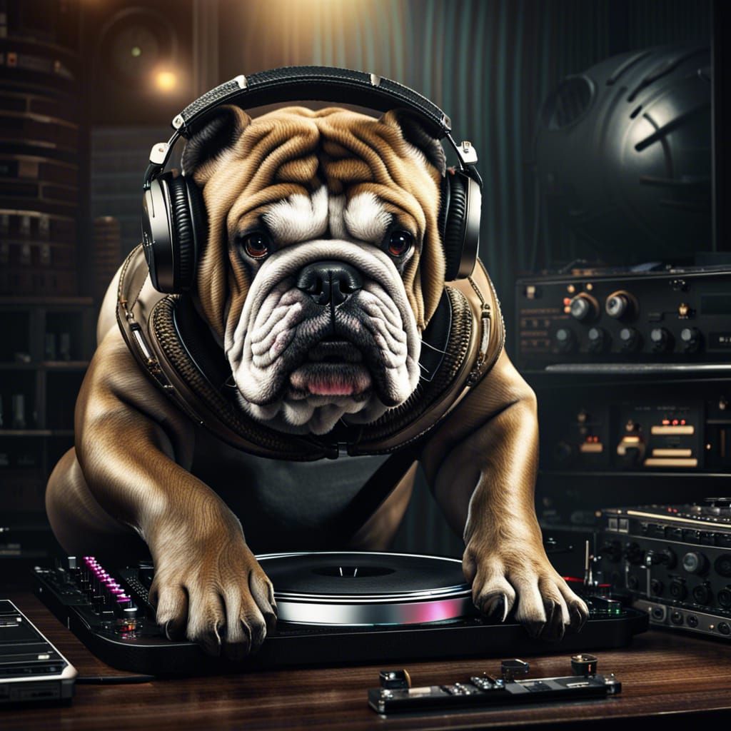 Hyperrealistic Bulldog DJ in Cinematic Style