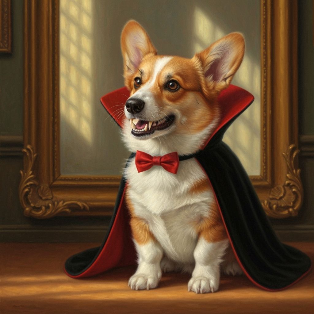 A corgi trying on a vampire costume in front of a mirror