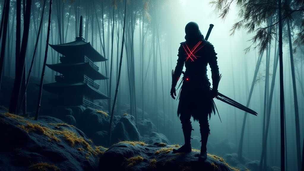 Cybernetic Ninja Overlooking Bamboo Forest in Neon Noir