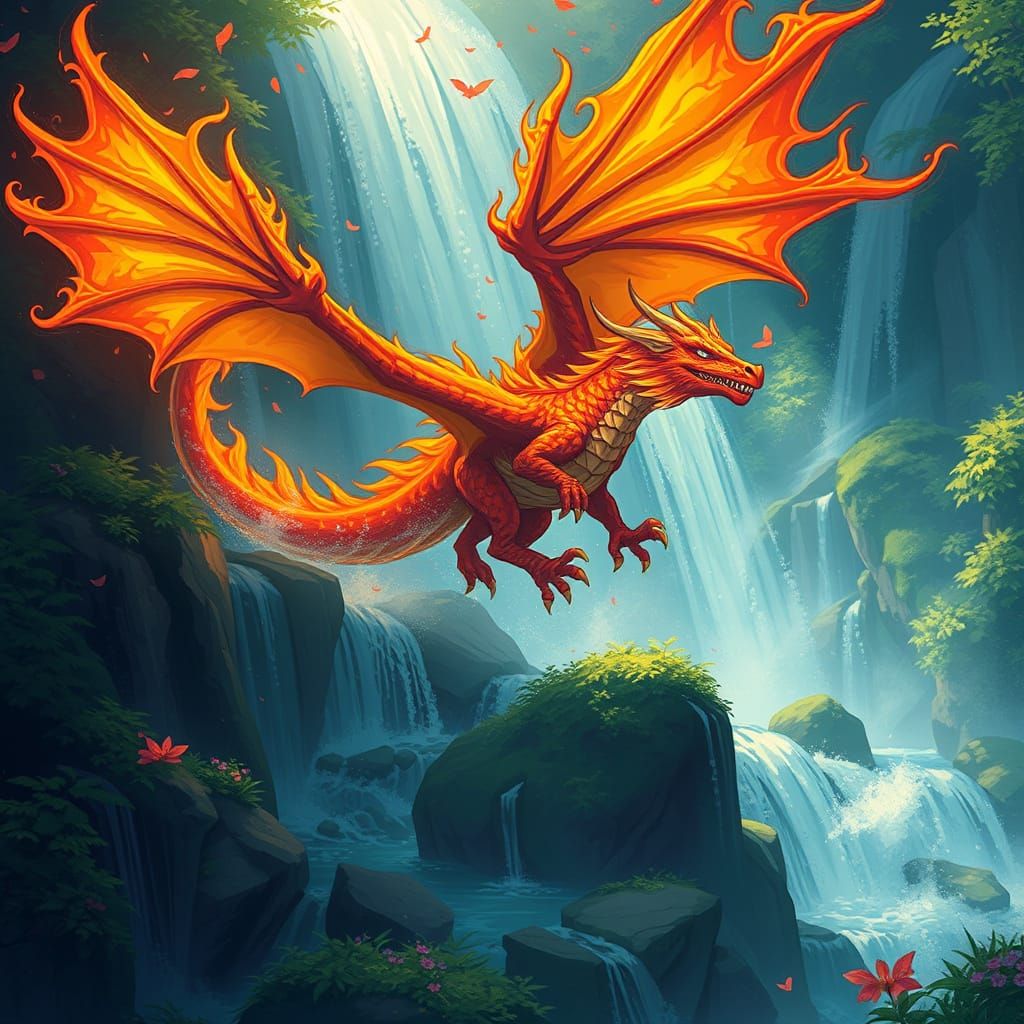 Mystical Fire Dragon in Whimsical Waterfall Scene