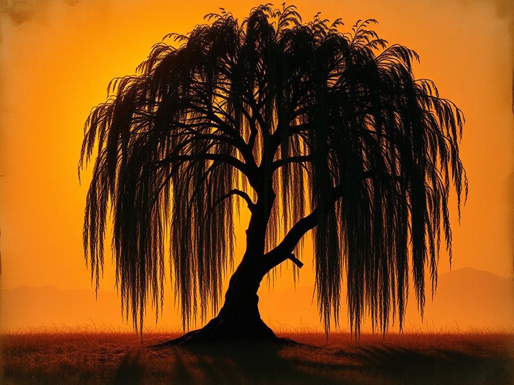 Weeping Willow Silhouette Against a Fiery Sun