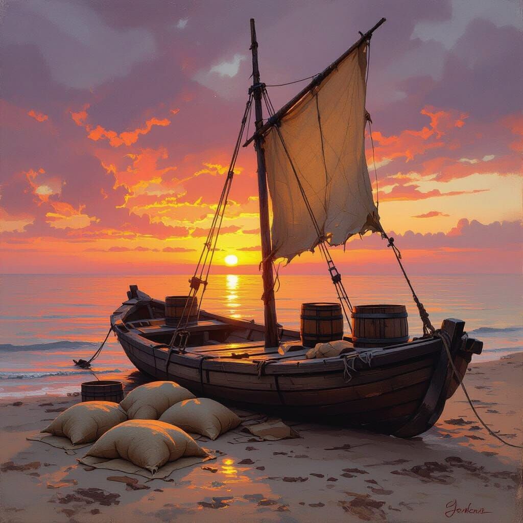 Sunset Over Raft with Torn Sail on Beach