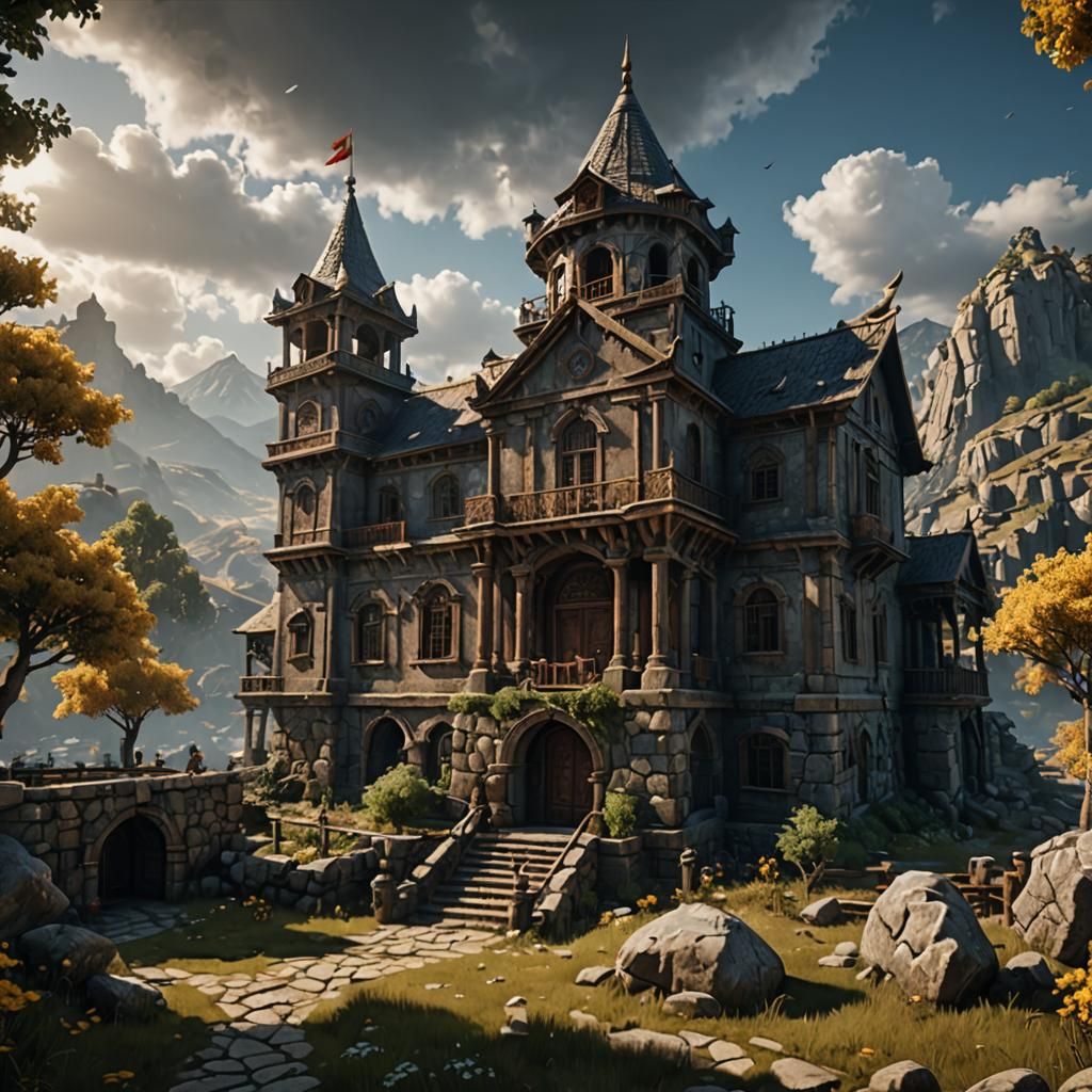 Rainbow over Castle in Rainy Weather