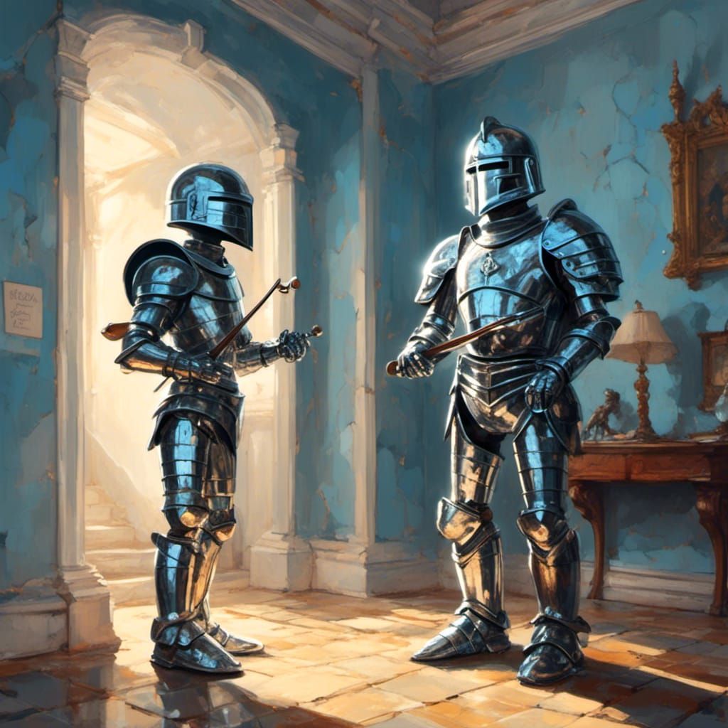 Armored Banjo Player in Castle Hallway in Comic Style