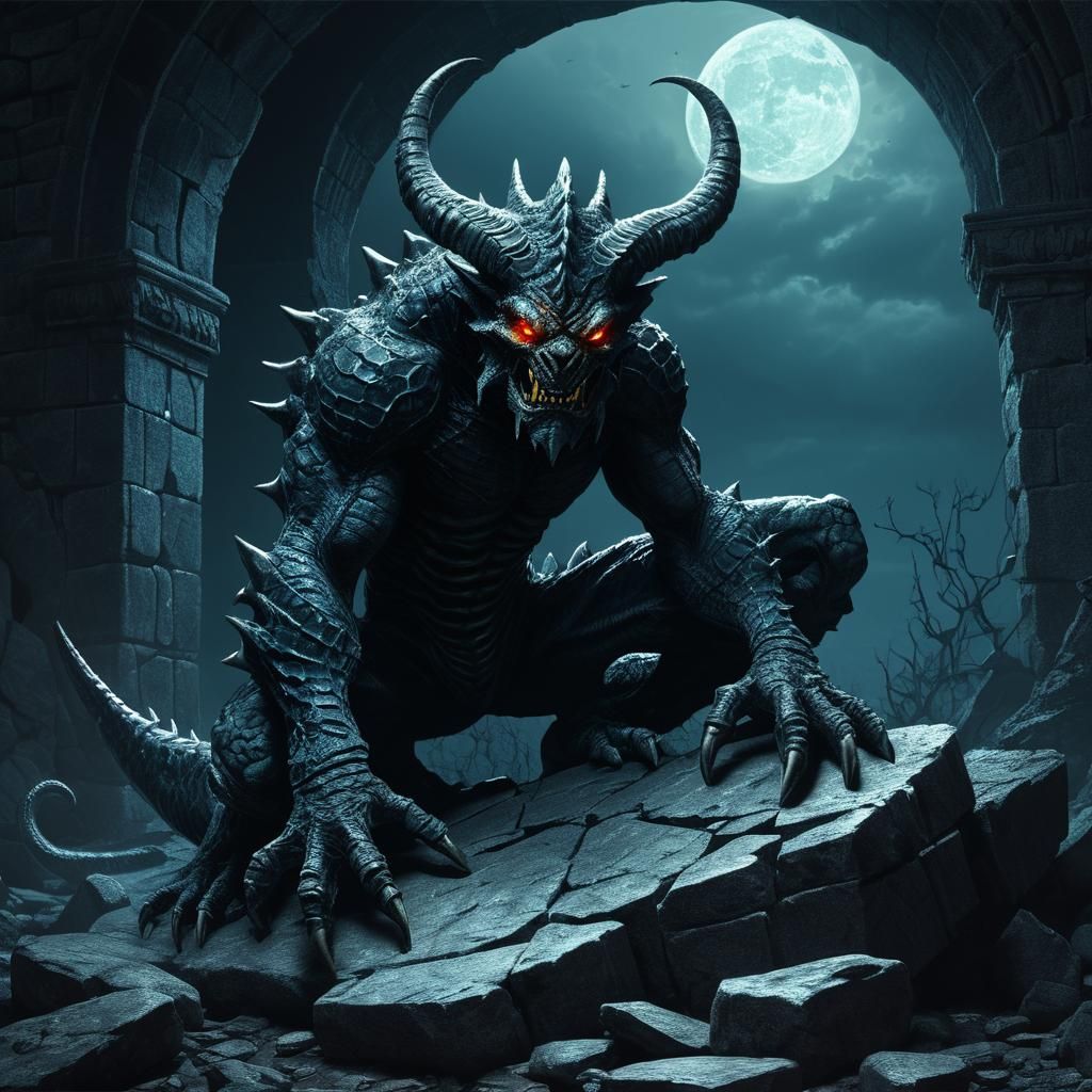 Creepy Scaly Demon on Stone Arch Digital Art