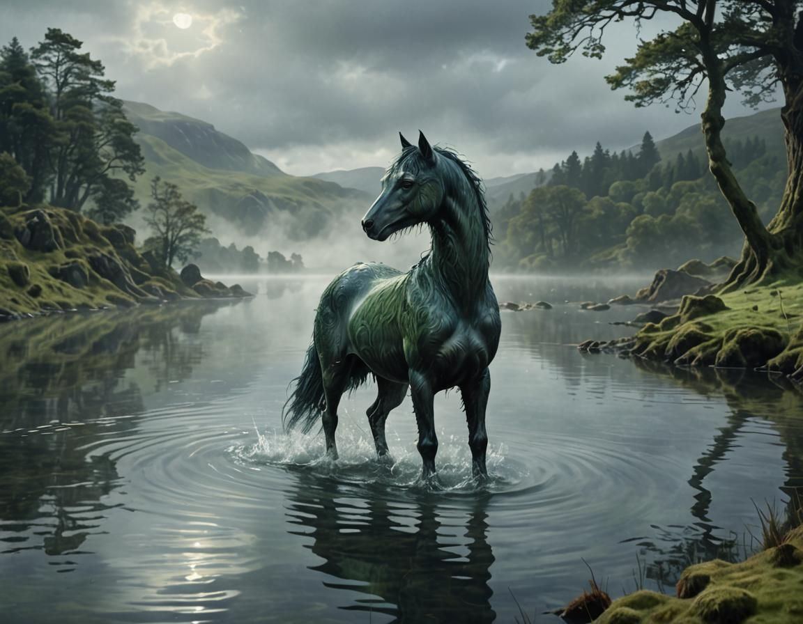 Kelpie Emerges from Misty Celtic Loch