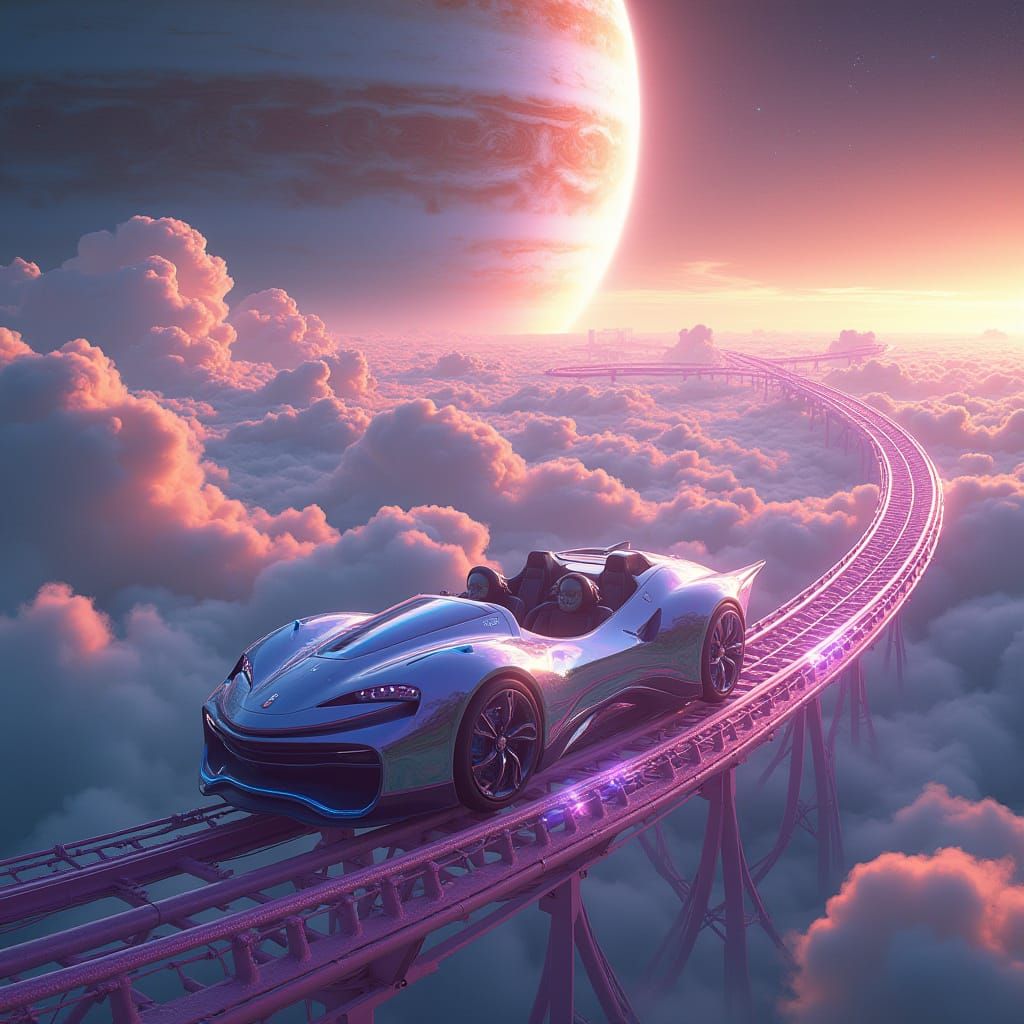 Futuristic Roller Coaster on Jupiter in Iridescent Hues