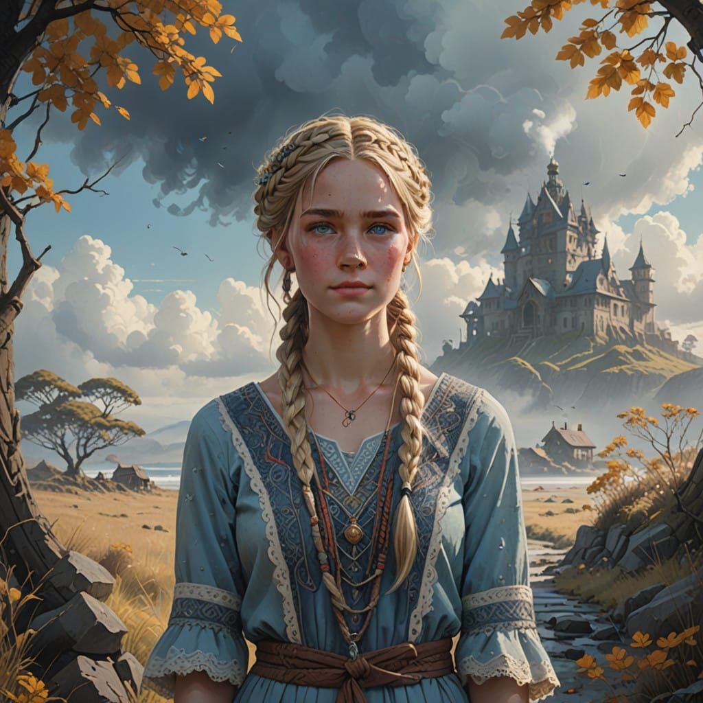 Surreal Blue Goddess with Braids, Intricate Floral Patterns,...