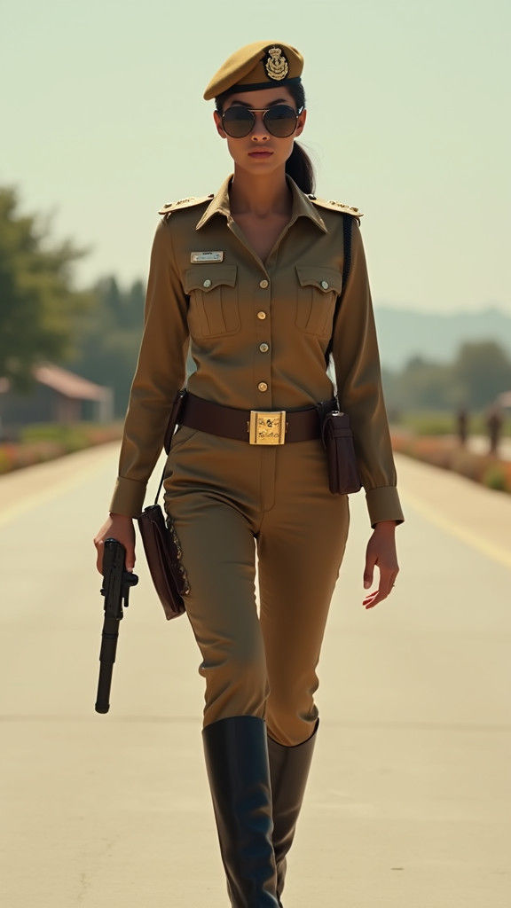 Confident Indian Policewoman on Runway in Satin Uniform