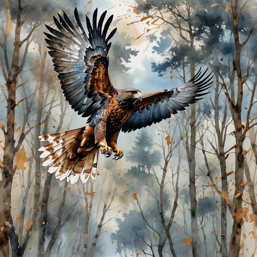 Watercolor Painting of a Harris Hawk in Flight
