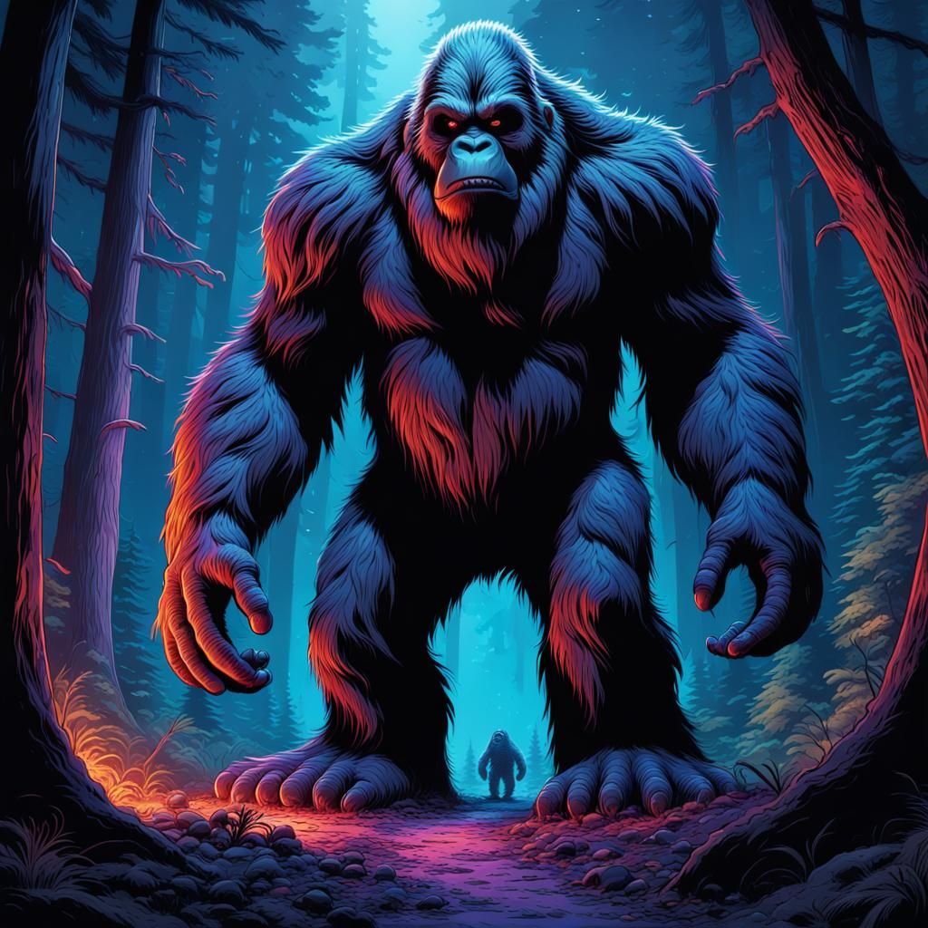 UV-Reactive Bigfoot Creature in Comic Book Art Style