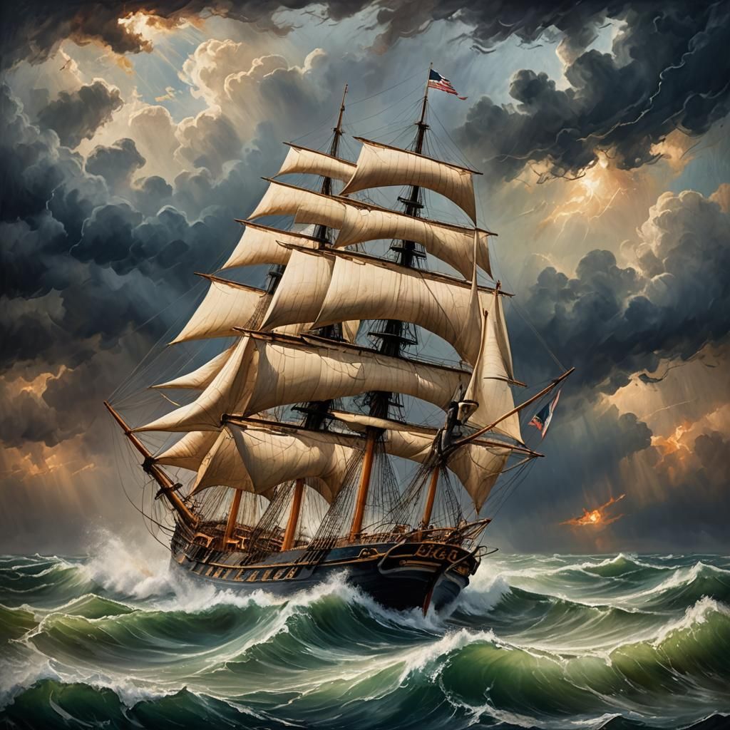 Majestic Sailing Ship on Stormy Seas: Oil Painting
