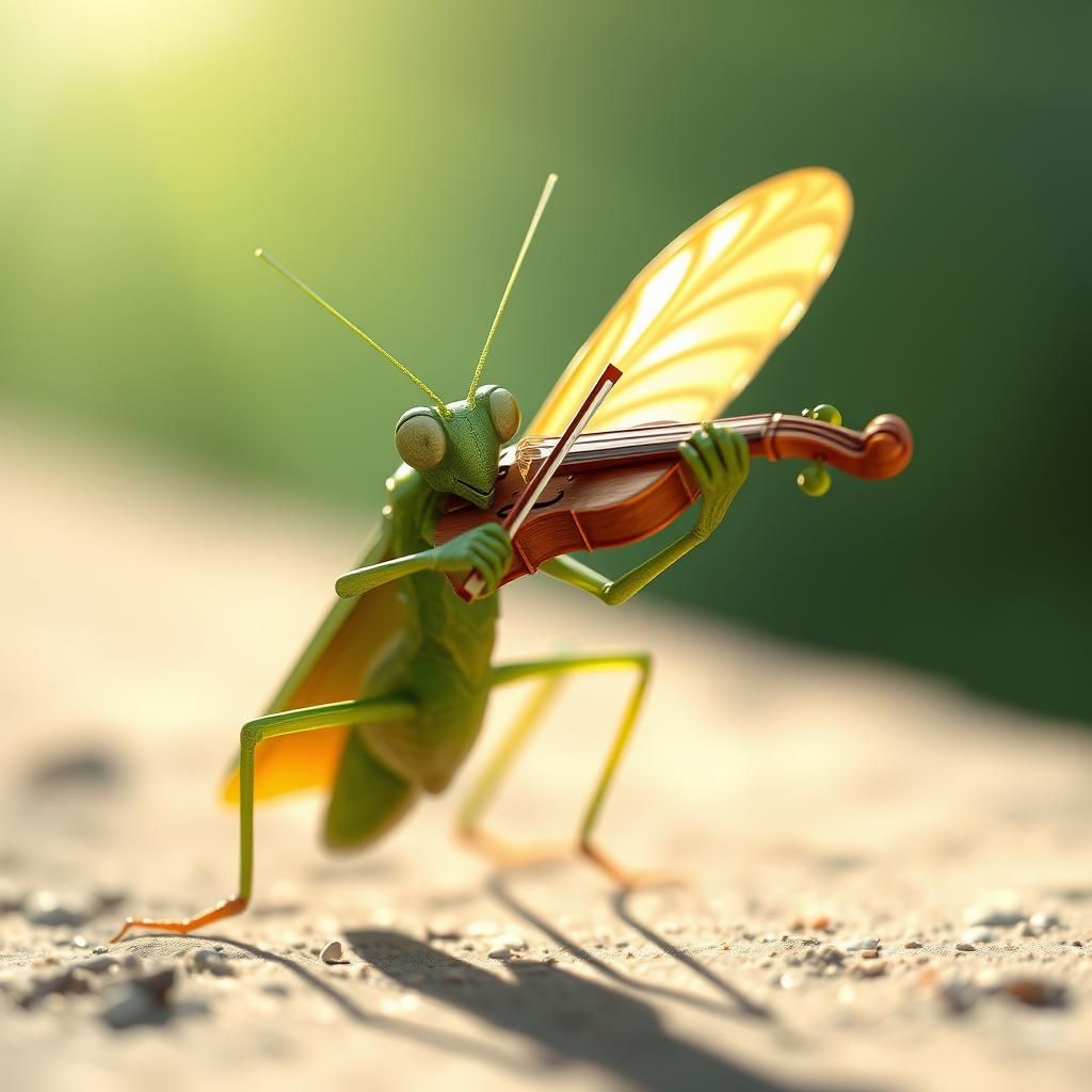 Emerald Grasshopper Plays Violin: Anime-Inspired 3D Art