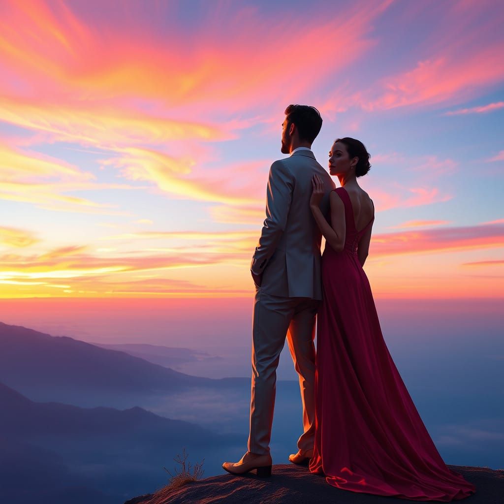 Elegant Couple Basks in Vibrant Sunset Glow