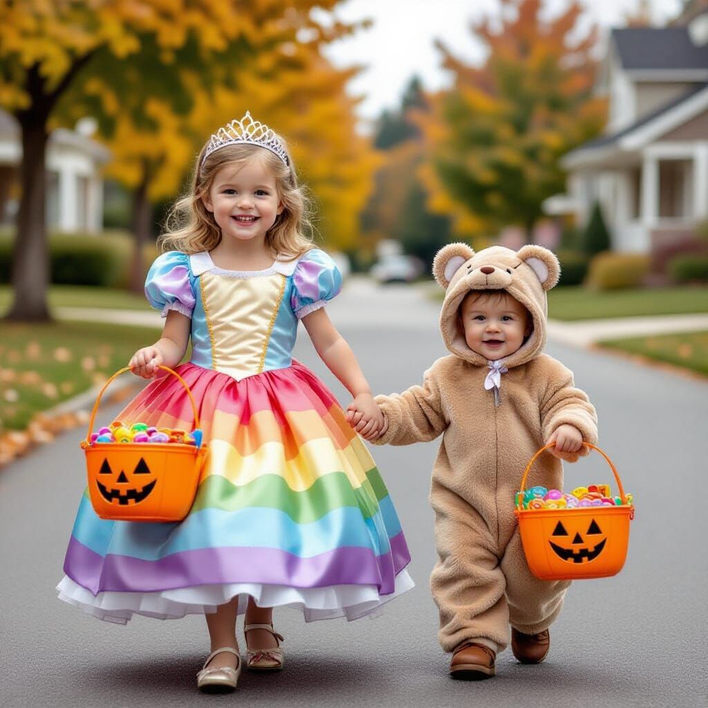 Girl in Rainbow Dress & Tiara with Halloween Candy