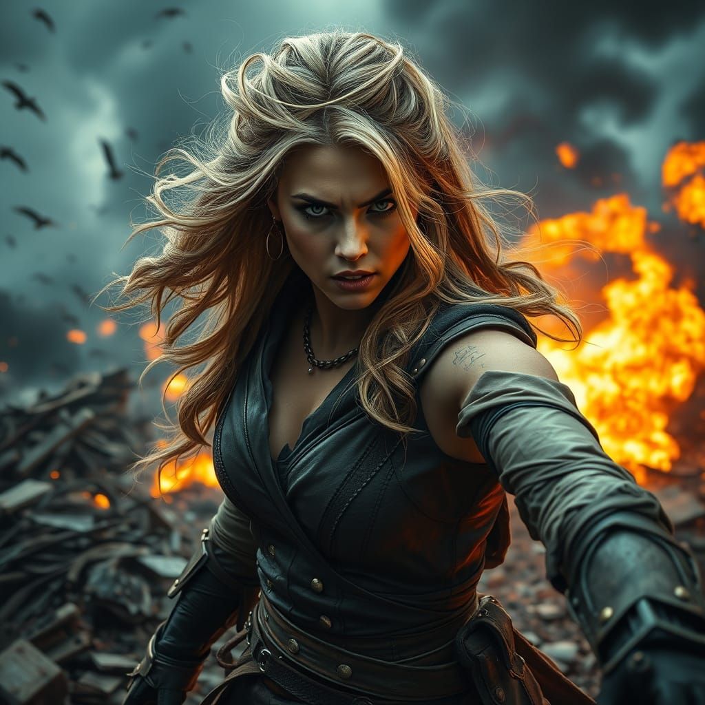 Powerful Woman Attacks on Battlefield in Hyper-Realistic Sty...