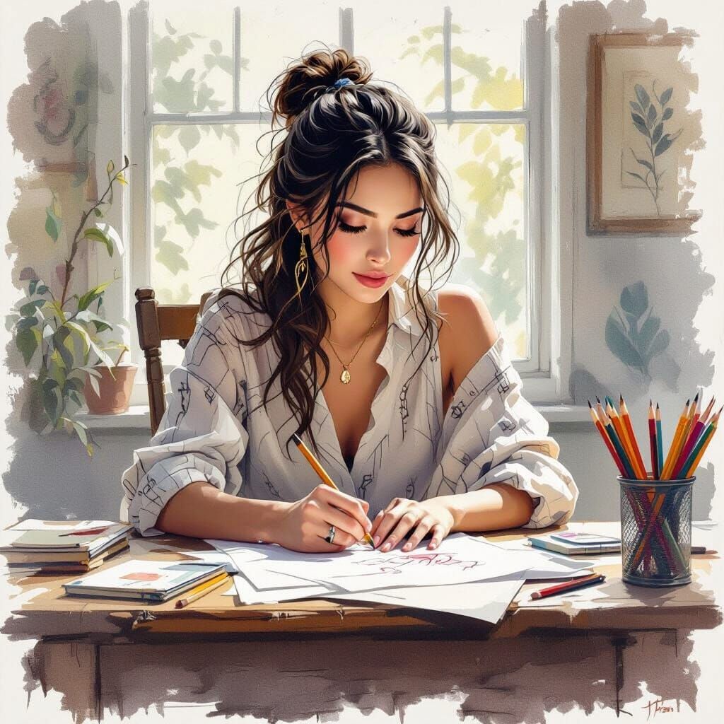 Artist Sketching Still Life with Intricate Watercolor Detail...