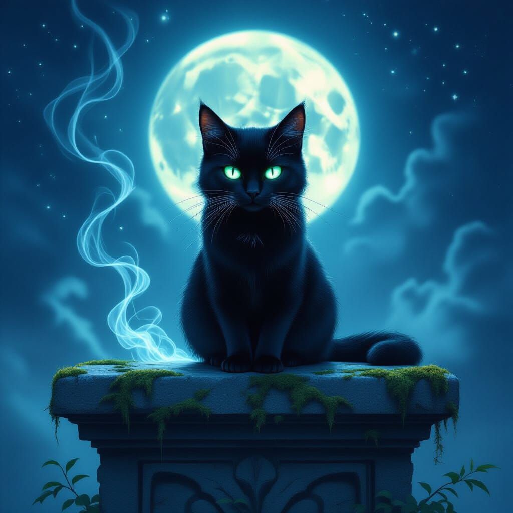 Mystical Black Cat with Glowing Emerald Eyes on Altar