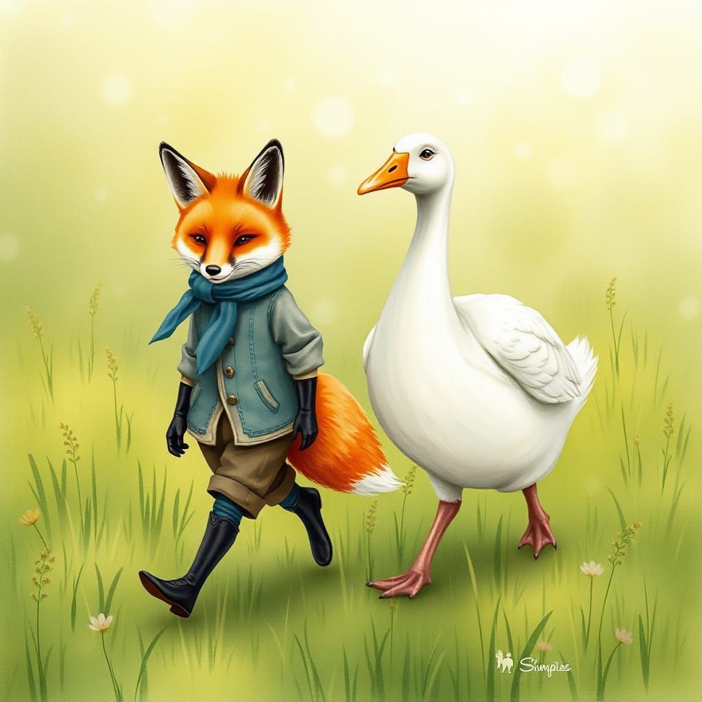 Fox and Goose Friends in a Meadow, Whimsical Watercolor Styl...