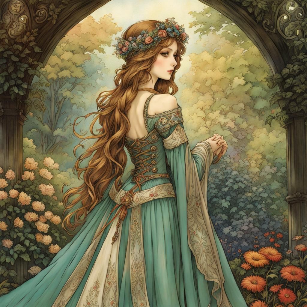 Medieval Maiden in Fairytale Garden, Anime Style