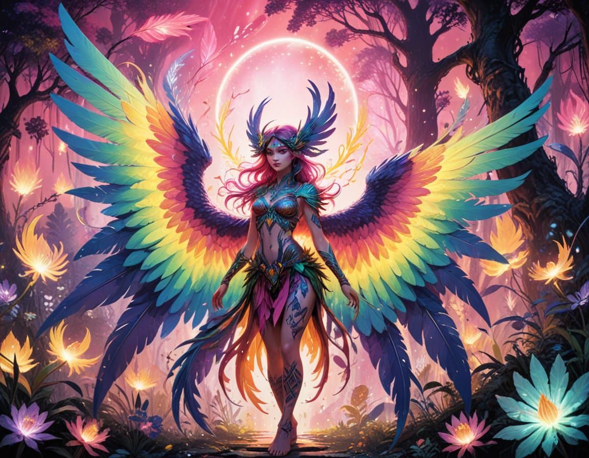 Ethereal Harpy Goddess in Vibrant 80s Anime-Inspired Art