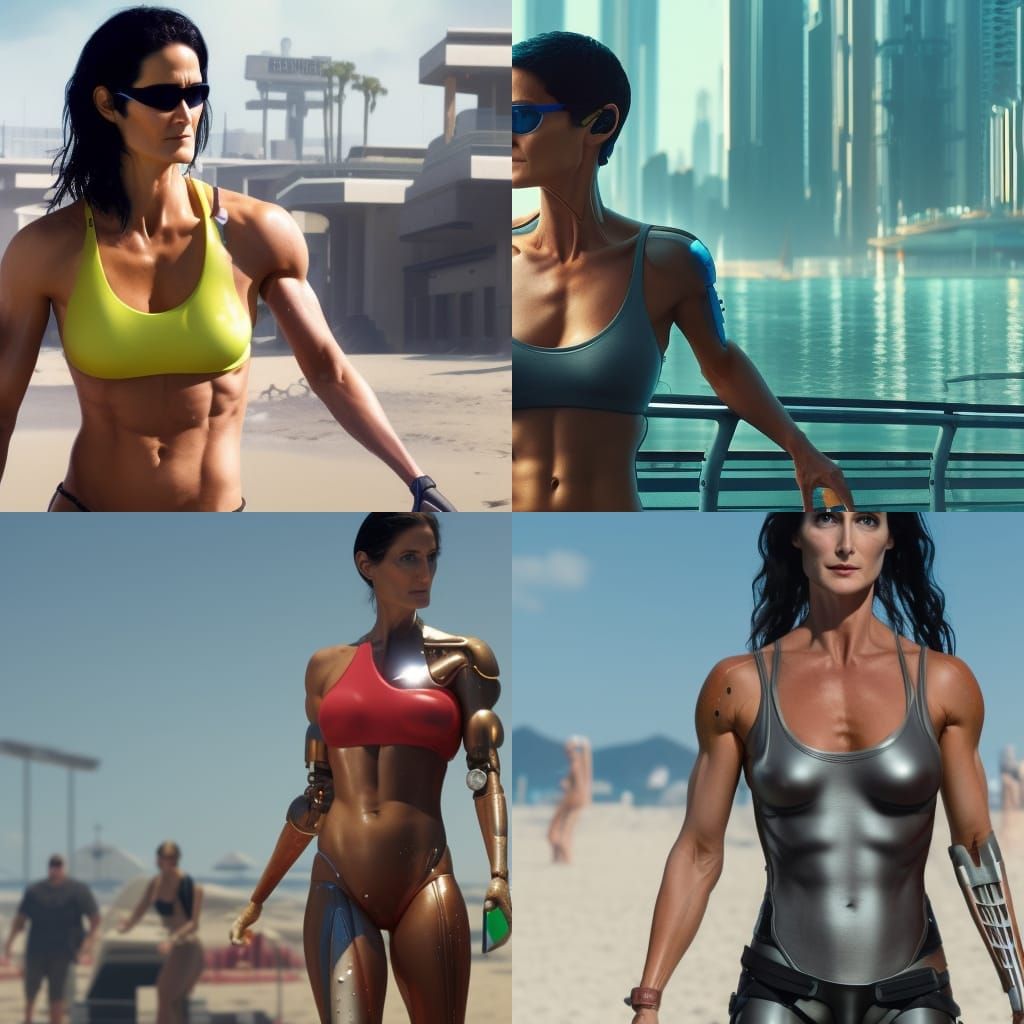 undressed wet tanned big muscular female physique half cyborg enhanced female Carrie-Anne Moss realistic face, chilling ...