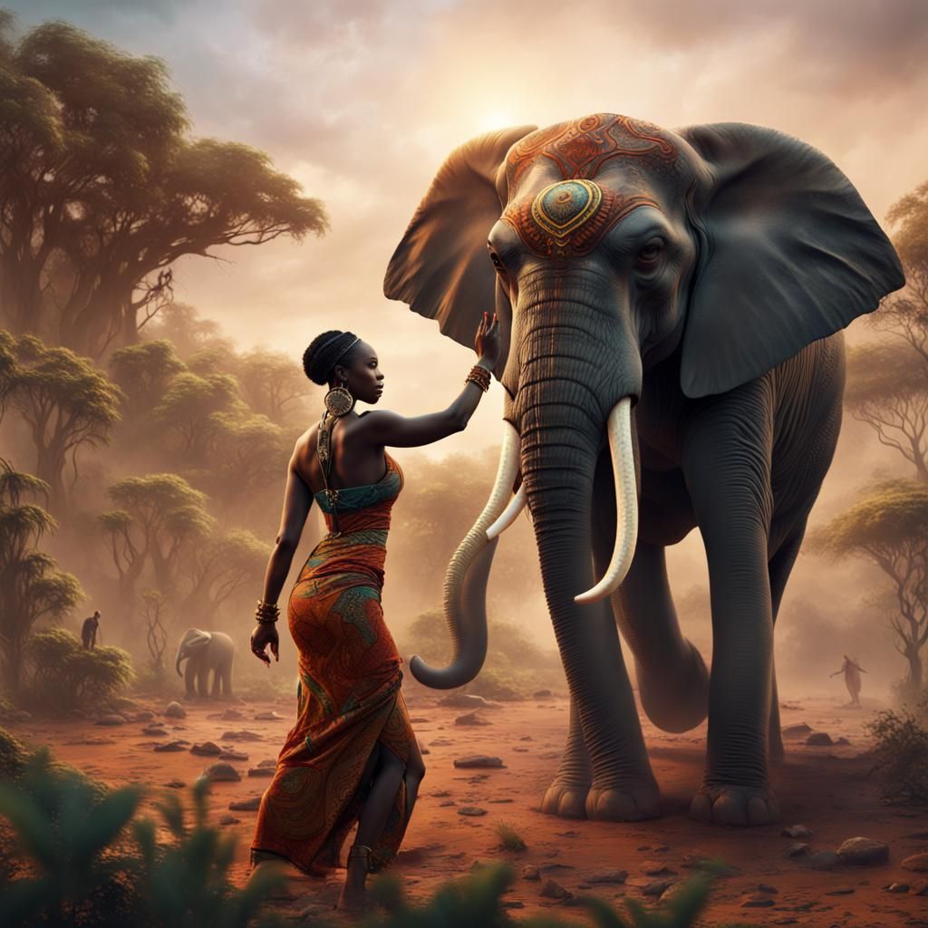 African Lady Stops Elephant: Fantasy Concept Art