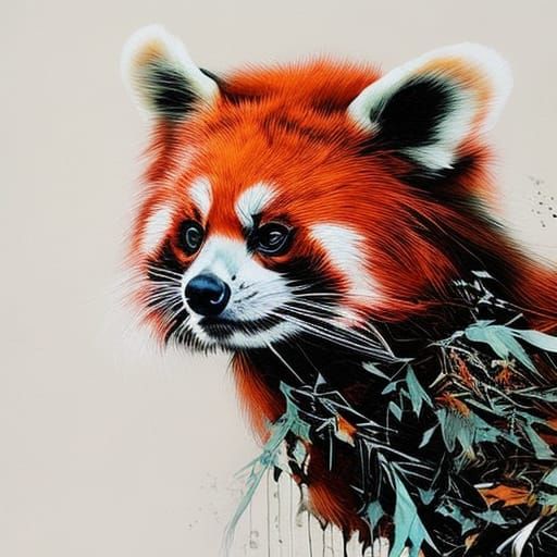 Chibi Red Panda Ink Art: Detailed Gouache Painting