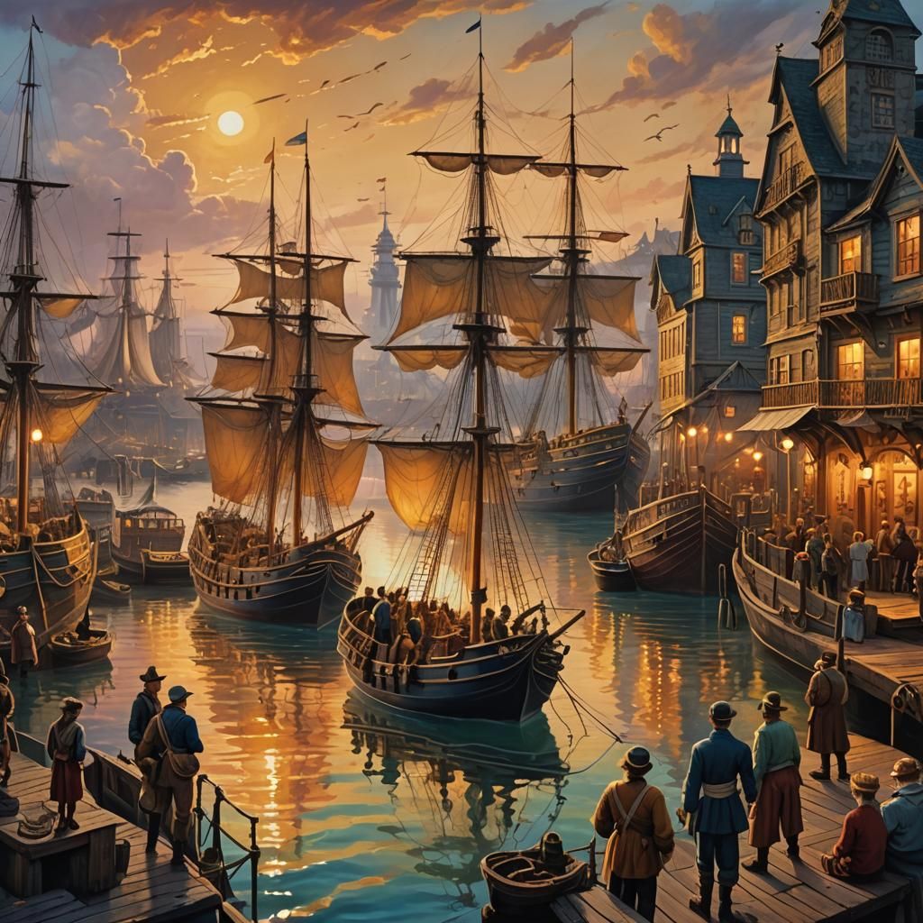 Bustling Harbour at Sunset: Fantasy Concept Art