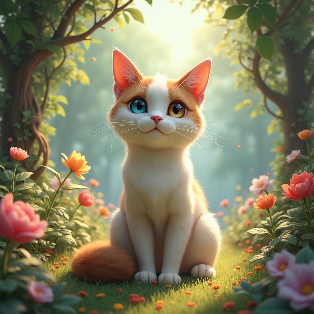 Calico Cat with Heterochromia in Enchanted Garden