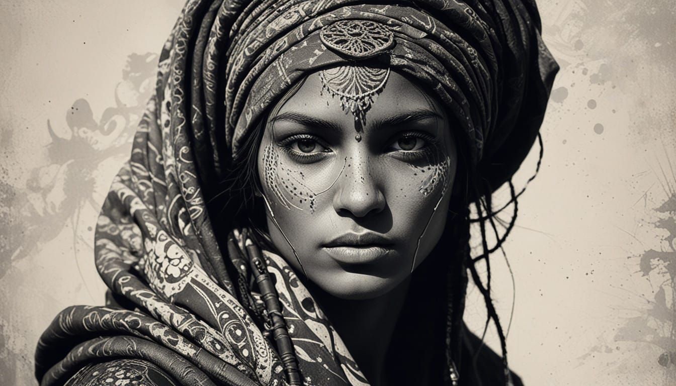 Nomadic Vagabond Goddess in Cyberpunk Photogram Style