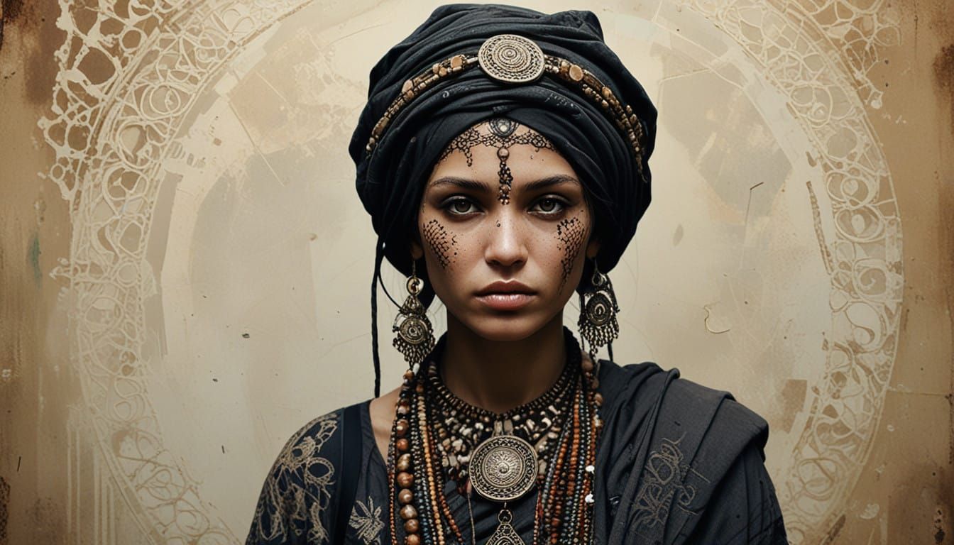 Surrealist Portrait of a Nomadic Woman in Distressed Cyberpu...