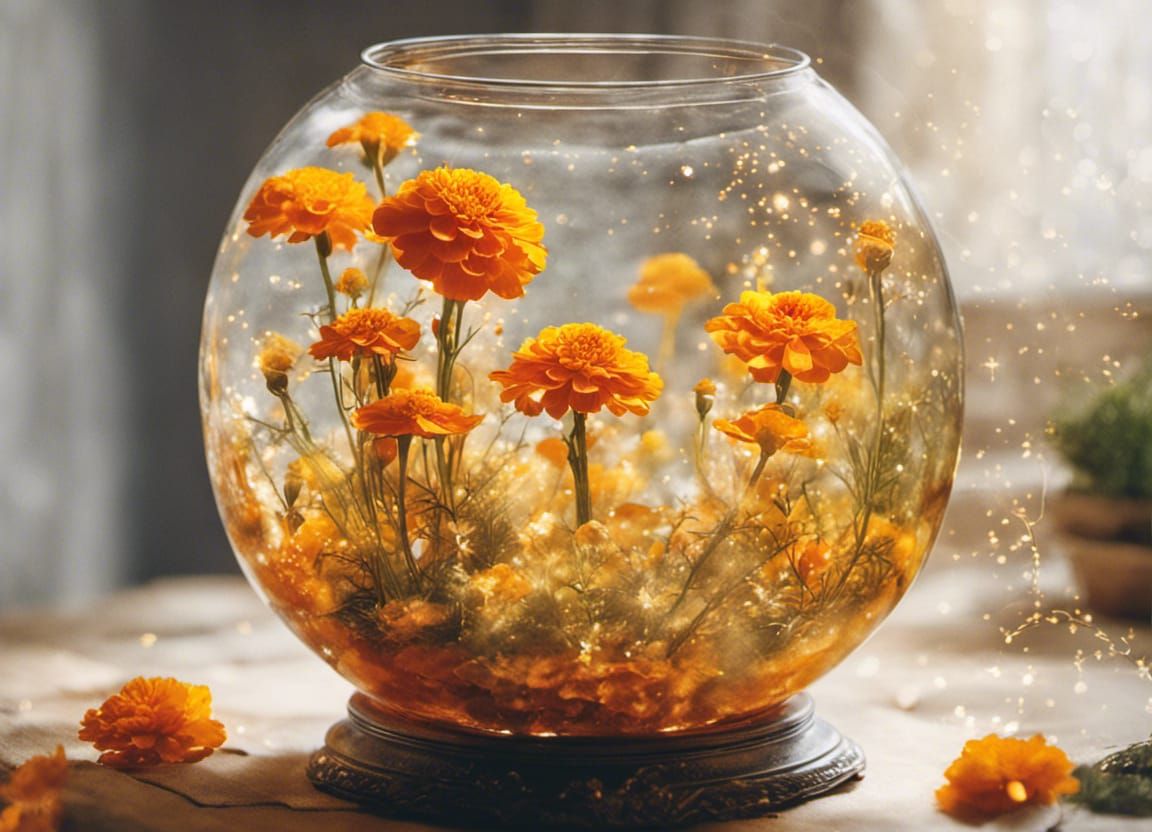 Fishbowl Marigold with Glittering Lights, Watercolor Style