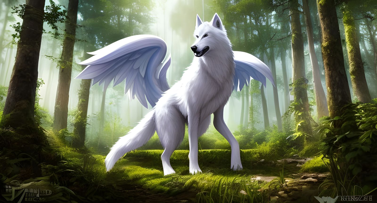 Winged White Wolf in Crystalline Fantasy Forest