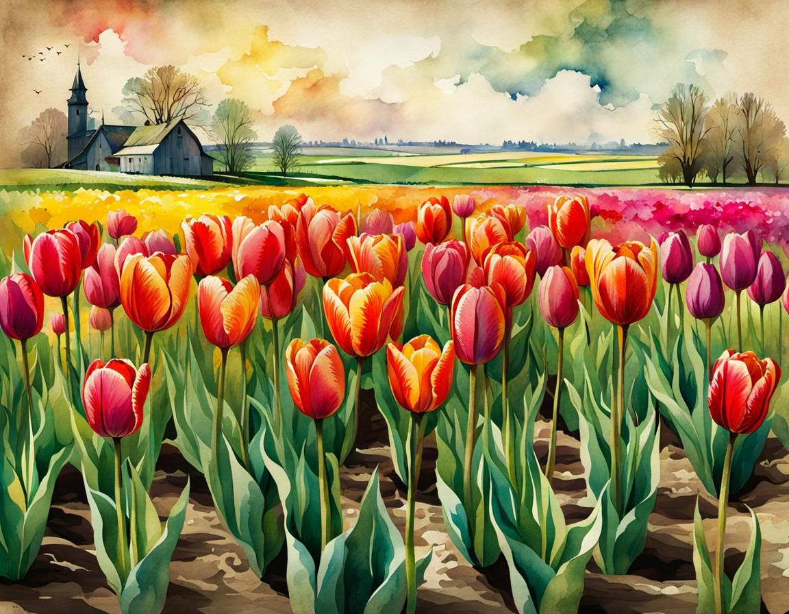 Springtime Tulips on Vintage Paper: Watercolor Ink Art