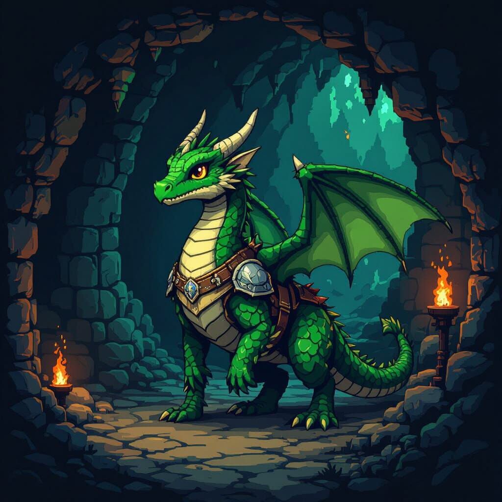 Green Drake in Cave, Medieval Pixel Art