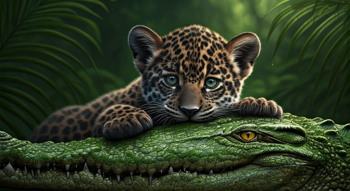 Jaguar Cub's Jungle Feast: A Dark Surreal Scene